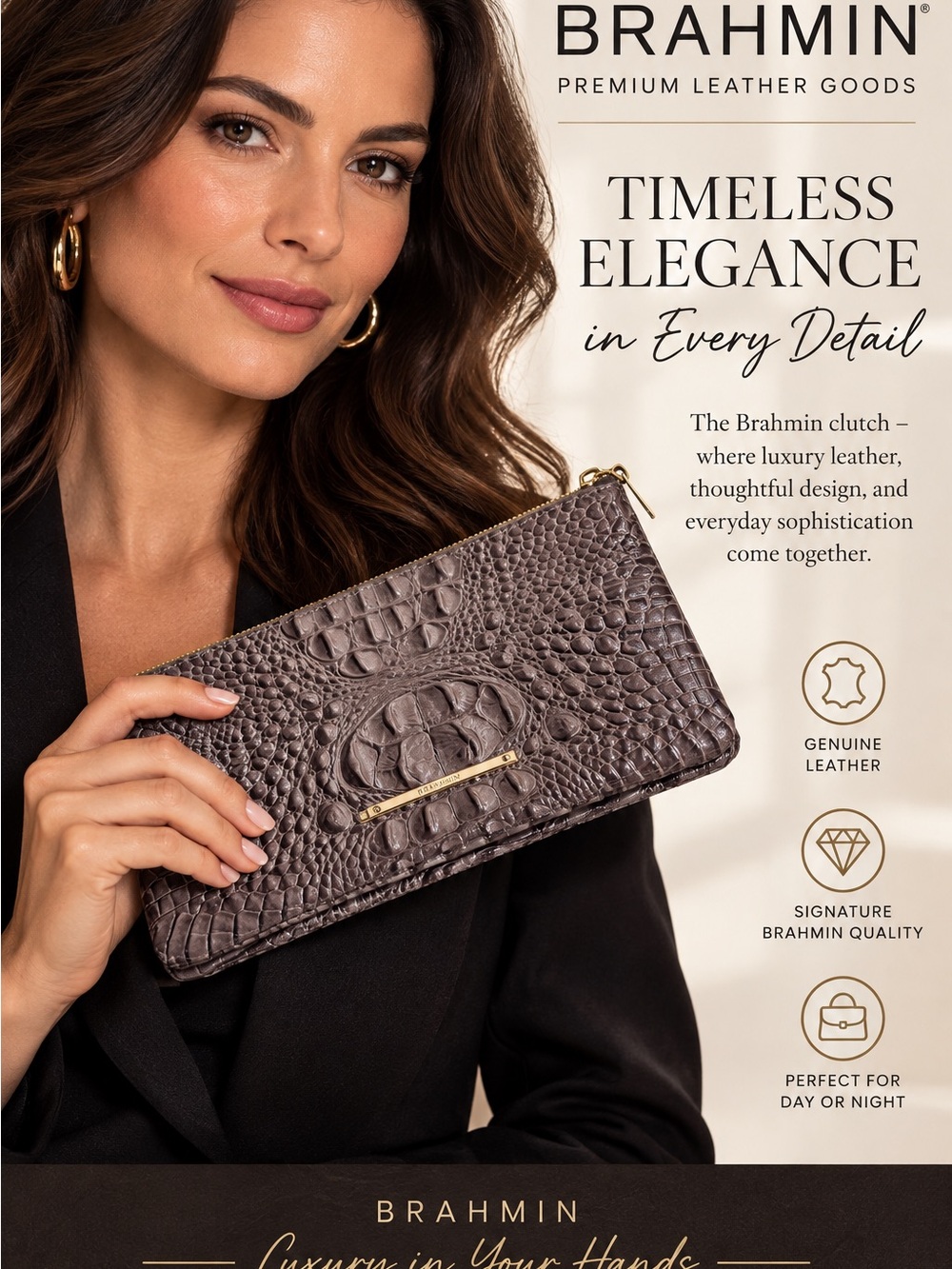 Brahmin Gray Croc-Embossed Leather Wristlet Clutch